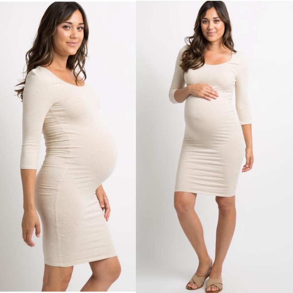 Pinkblush Beige 3/4 Sleeve Fitted Maternity Dress